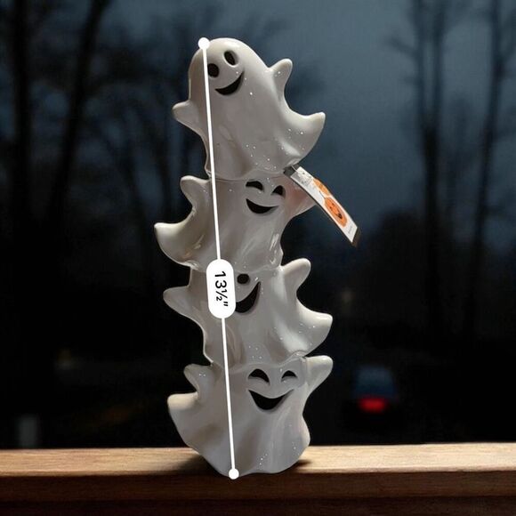 Stacked Frights 3 Stacked Ghosts  LED 13” Tall Figurine White Ceramic Decor - Picture 2 of 7